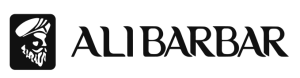 Logo featuring a stylized bearded man in a turban next to the text "ALI BARBAR" in bold, black font.